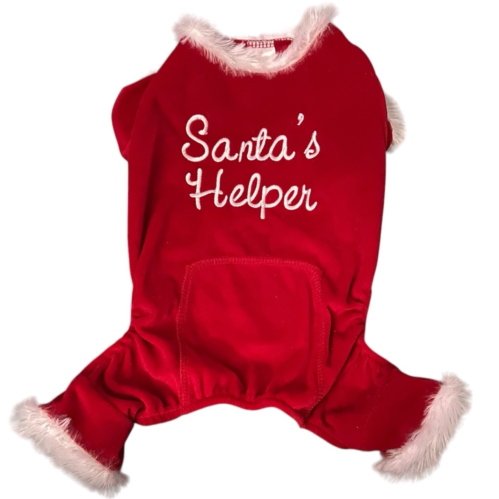Pup Crew Santa’s Helper Red White Faux Velvet & Faux Fur Trim Dog Onesie